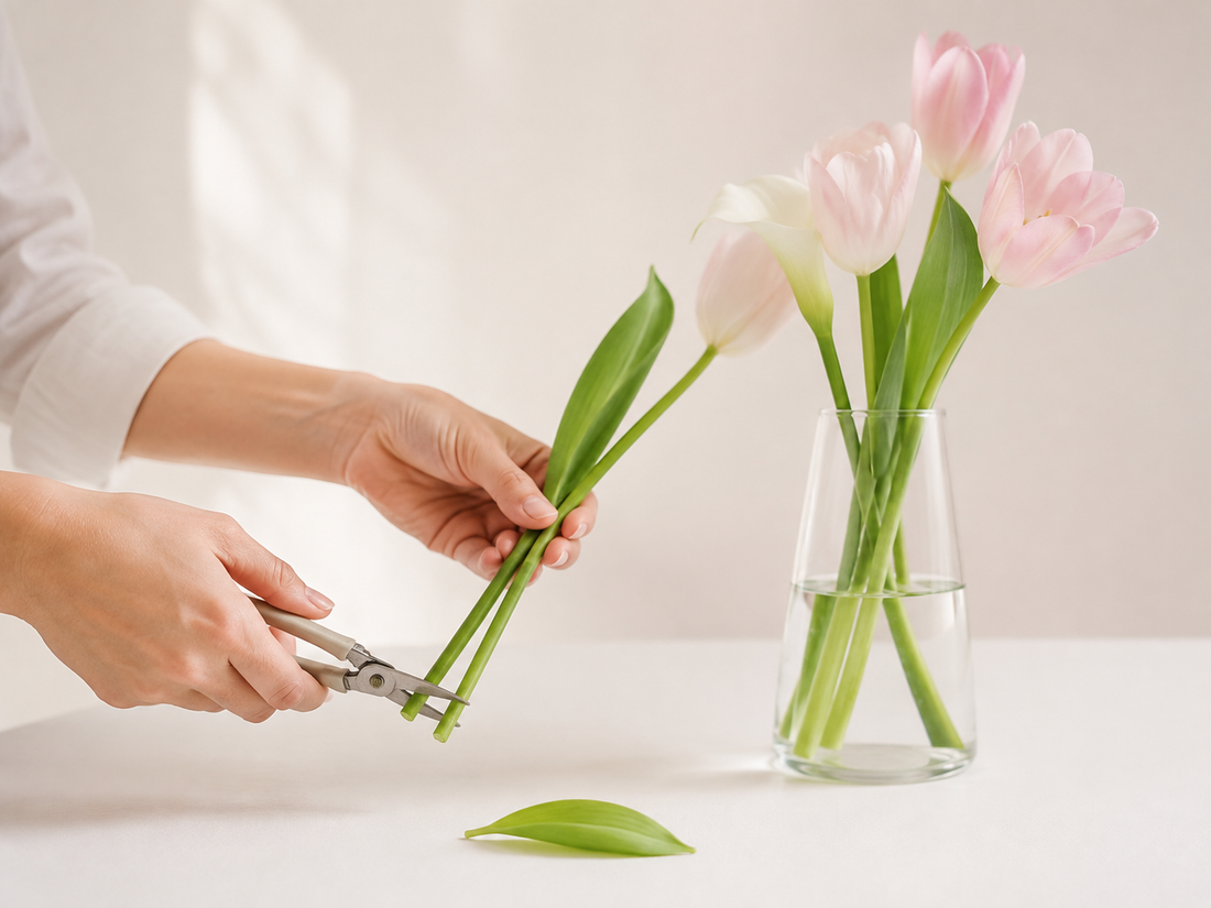 Fleuriste recoupant des tiges près d’un vase rempli d’eau propre
