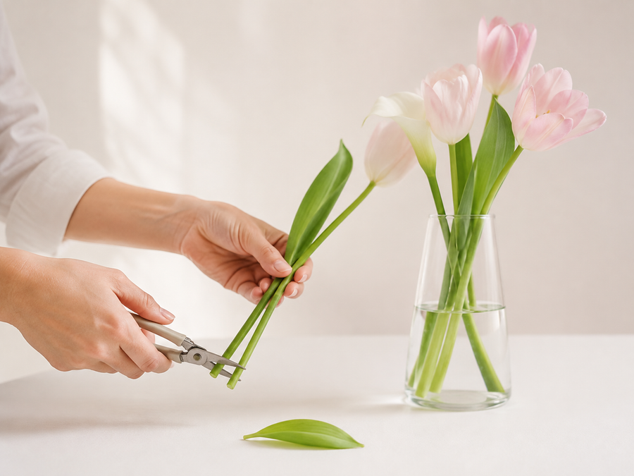 Fleuriste recoupant des tiges près d’un vase rempli d’eau propre