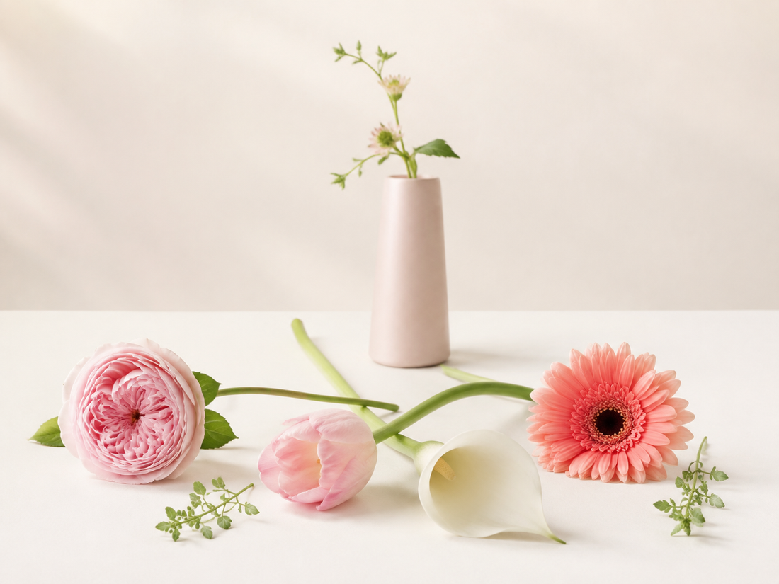 Rose, tulipe, calla et gerbera disposés comme une étude botanique