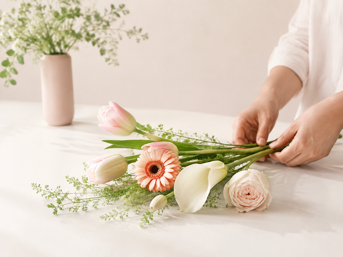 Fleuriste sélectionnant des fleurs pastel de saison sur une table blanche