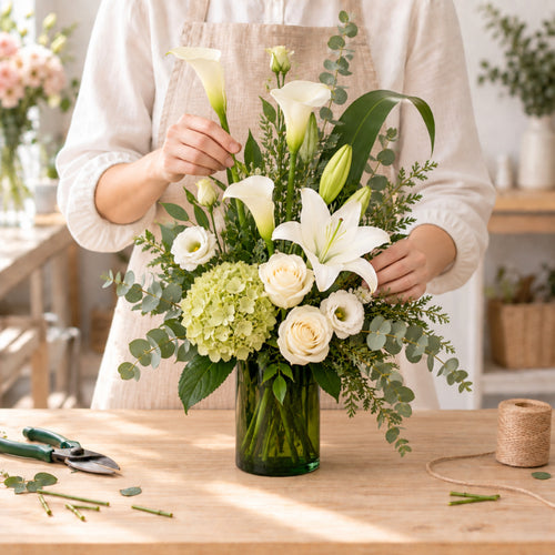 Arrangement funéraire composé par la fleuriste dans son atelier de Beaubien Est
