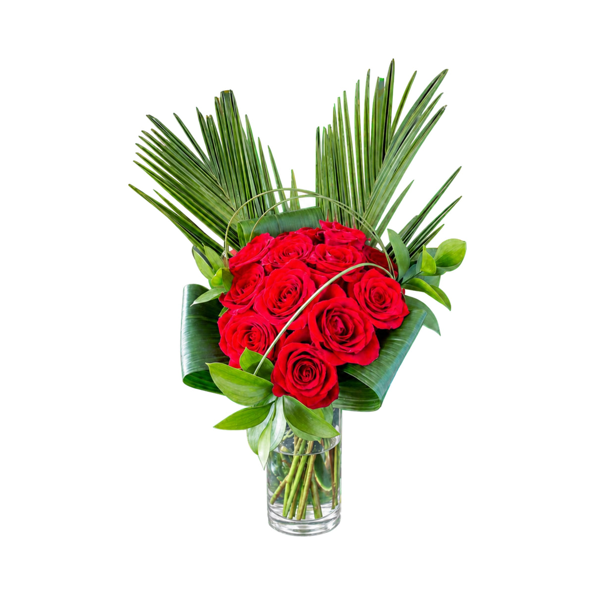 L'original — roses rouges serrées en dôme, palmes ouvertes en éventail et feuille d'aspidistra roulée