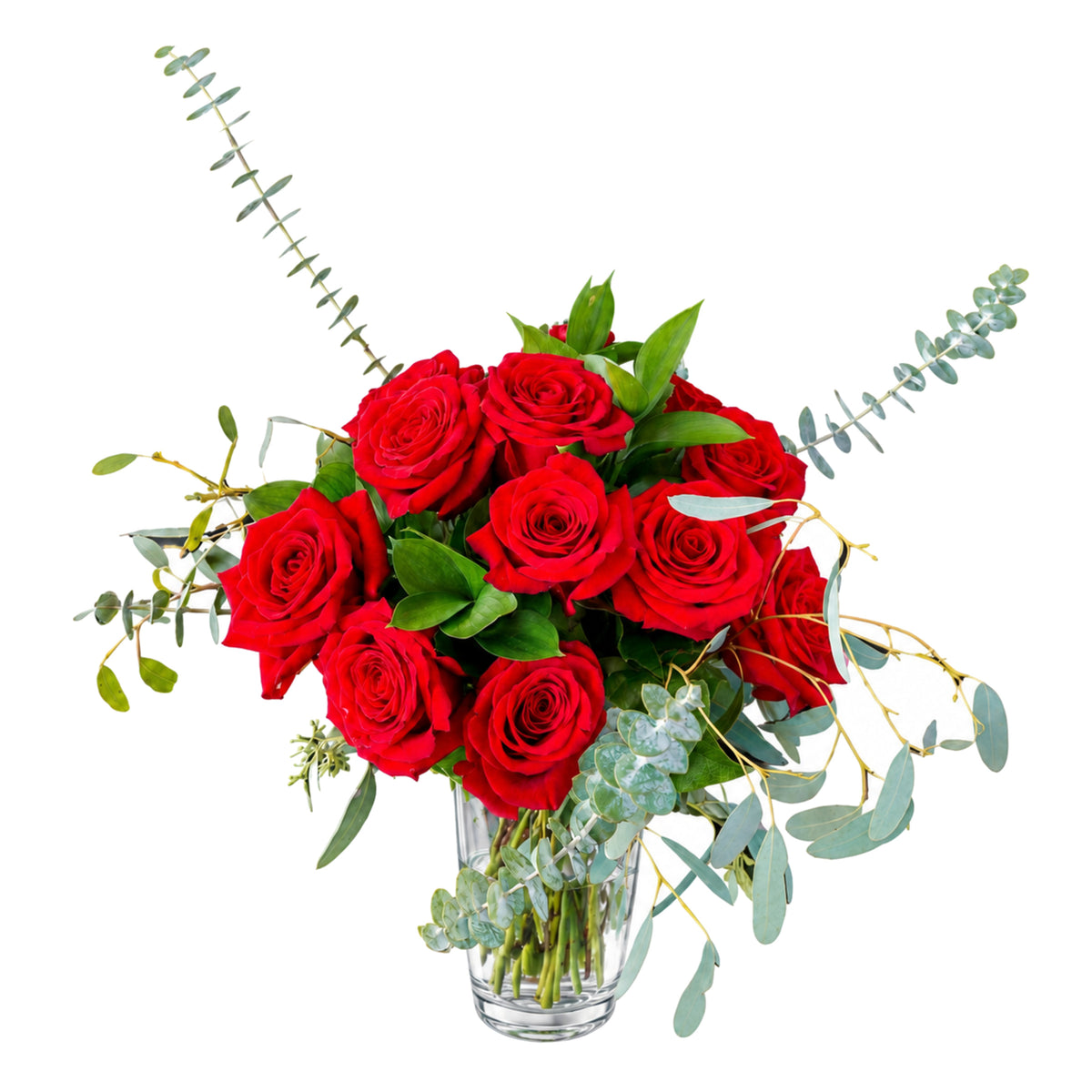 Le classique — douze roses rouges, ruscus et branches d'eucalyptus étirées de chaque côté