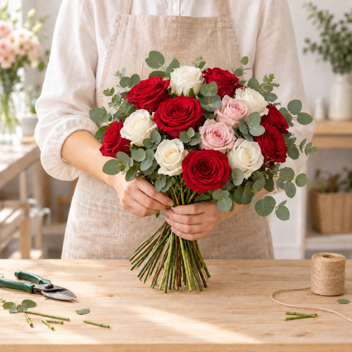 Choix du fleuriste romantique : roses rouges, poudrées et blanches