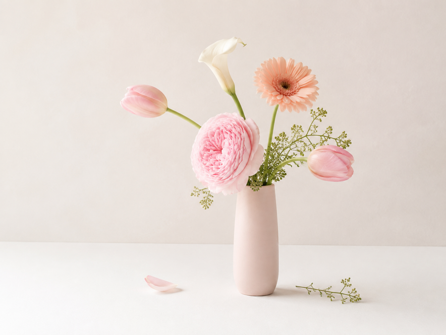 Composition florale pastel du Carnet O’Fleurs sur une table blanche
