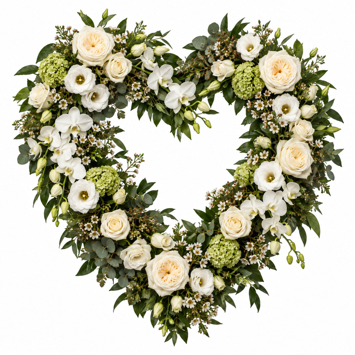 Cœur funéraire — roses ivoire et rosées, lisianthus et orchidées blanches, eucalyptus