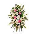 Gerbe funéraire en roses, lys, gerberas et glaïeuls, sur trépied