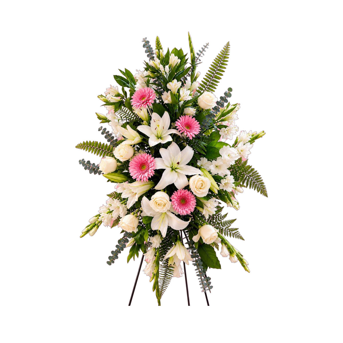 Gerbe funéraire en roses, lys, gerberas et glaïeuls, sur trépied