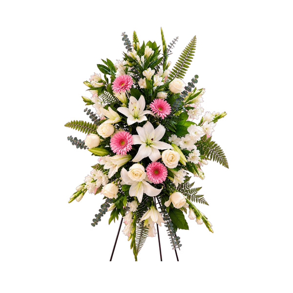 Gerbe funéraire en roses, lys, gerberas et glaïeuls, sur trépied