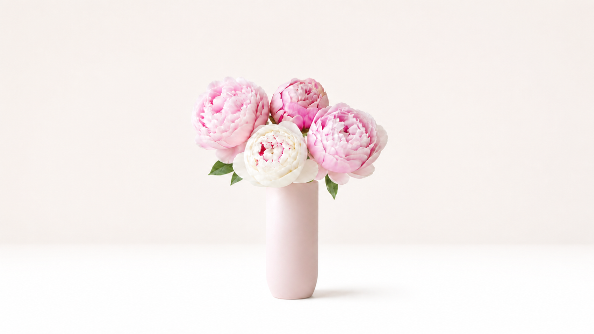 Pivoines roses et blanches dans un vase rose pale, sur une table blanche — O'Fleurs