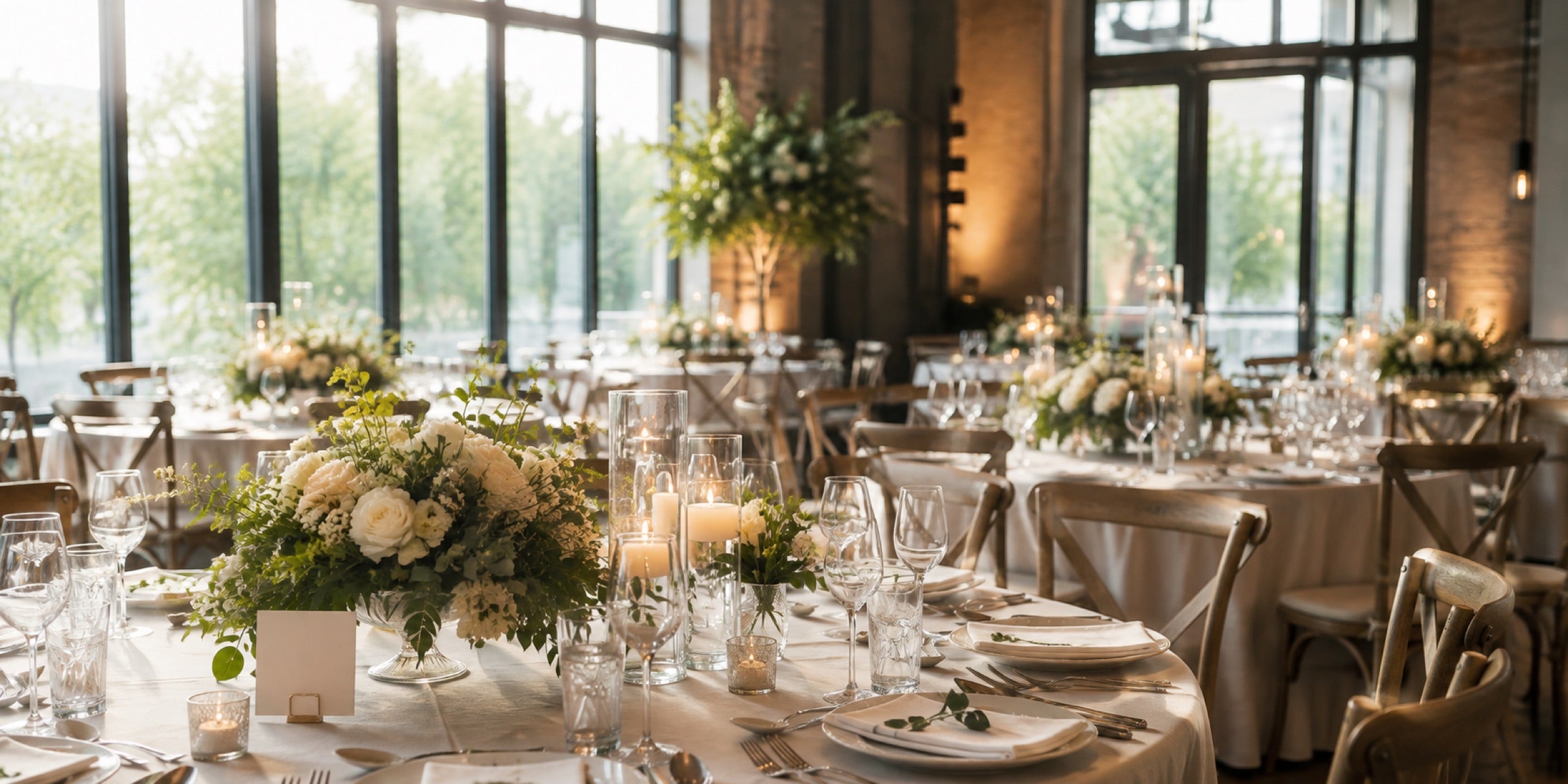 Salle de réception dressée, centres de table en fleurs blanches et verdure