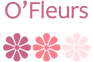 O'Fleurs — mot-symbole et trois fleurs, rose sur ivoire