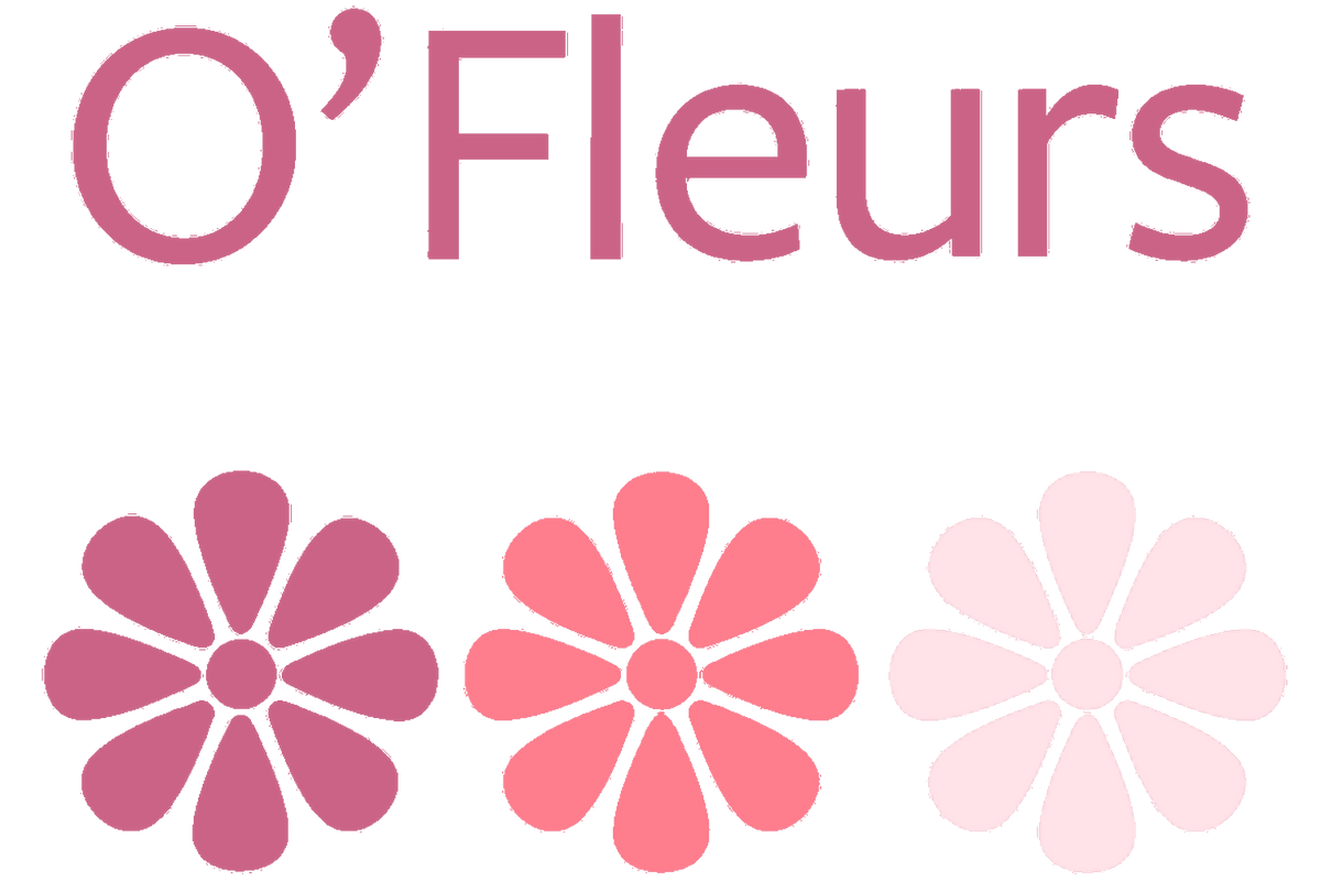 O'Fleurs — mot-symbole et trois fleurs, rose sur ivoire
