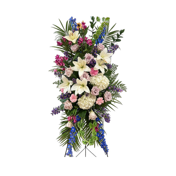 Gerbe funéraire en lys blancs, roses lavande et hortensias, sur trépied