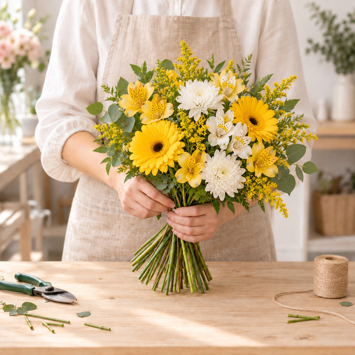 Choix du fleuriste pour un rétablissement : jaune et blanc, sans lys